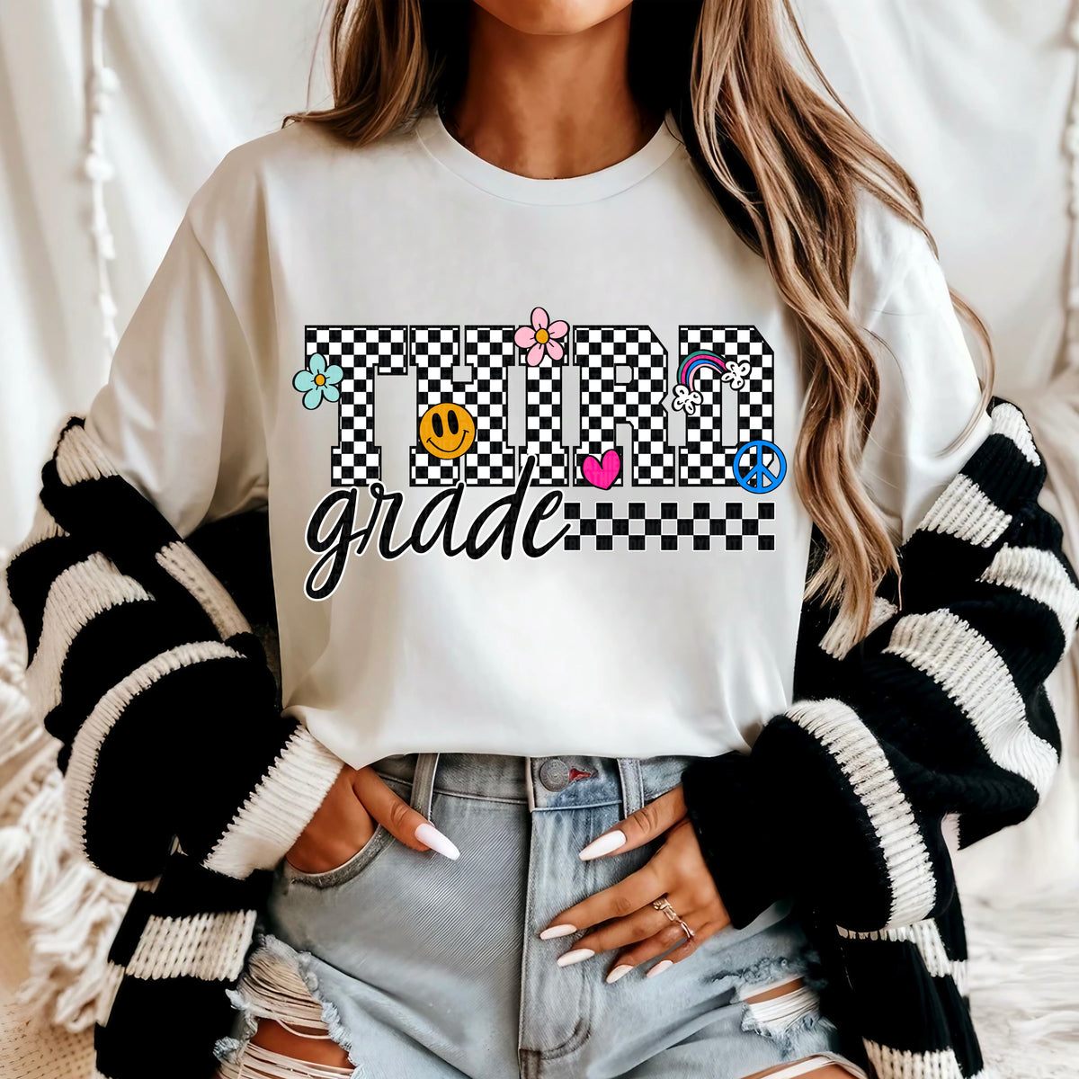 Third grade checkered with doodles 95629 DTF transfer