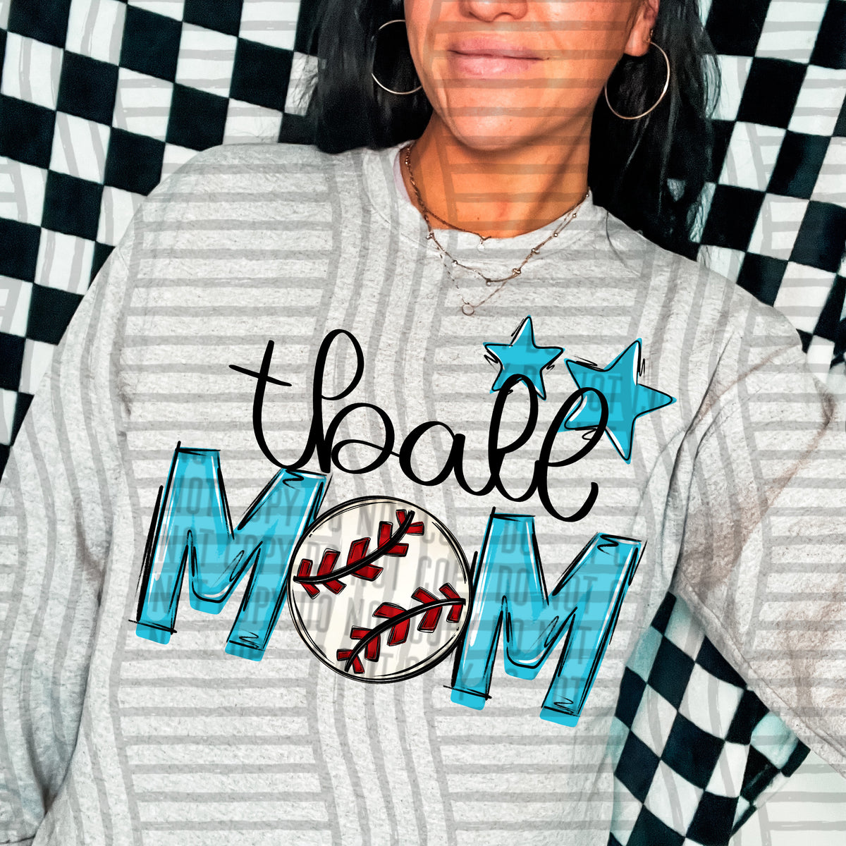tball mom grey bright blue stars (caplinger) DTF transfer