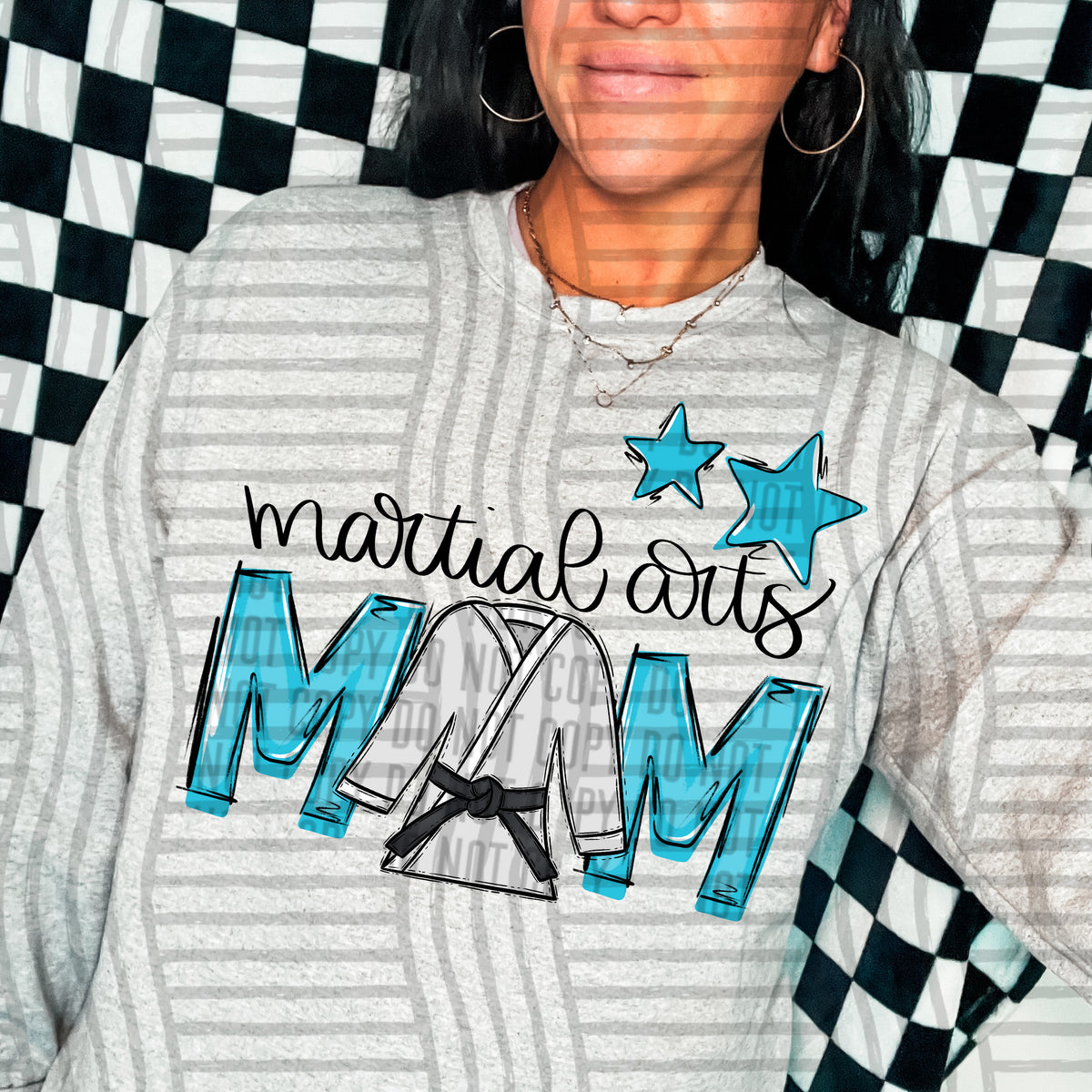 martial arts mom gray bright blue stars (caplinger) DTF transfer