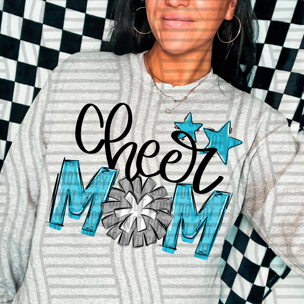 cheer mom light blue with silver pompom stars (Caplinger) DTF transfer