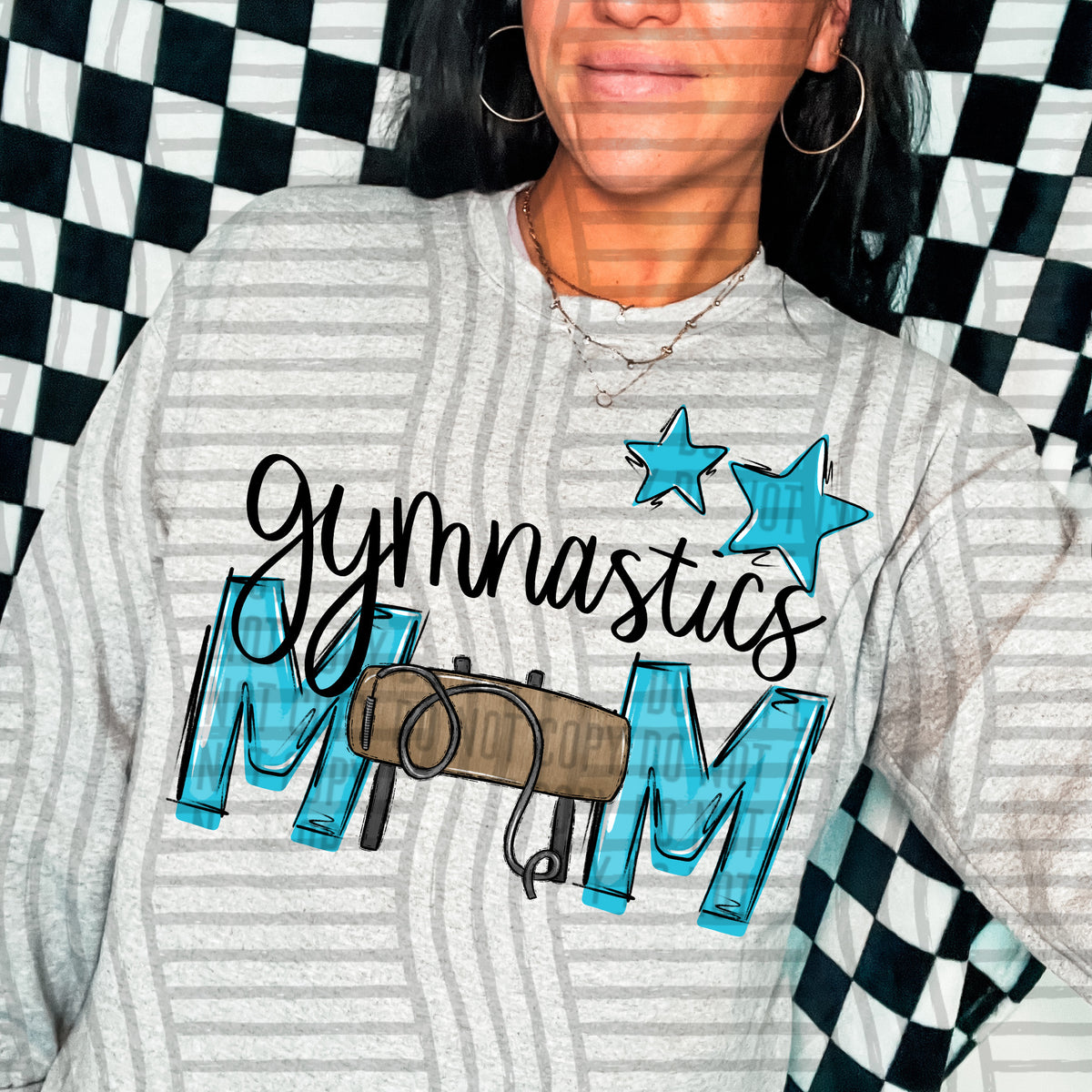 gymnastics mom gray bright blue stars (Caplinger) DTF transfer