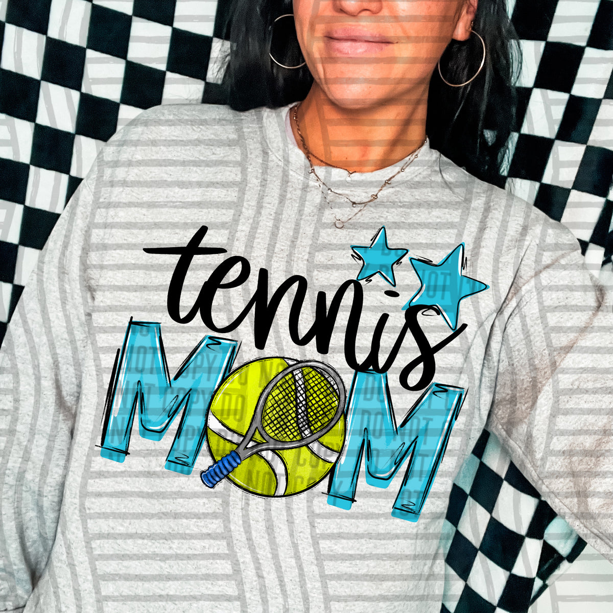 tennis mom grey bright blue stars (caplinger) DTF transfer