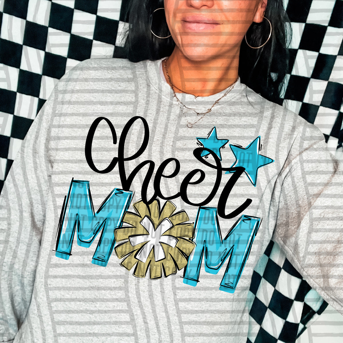cheer mom bright blue with gold pompom and stars (Caplinger) DTF transfer