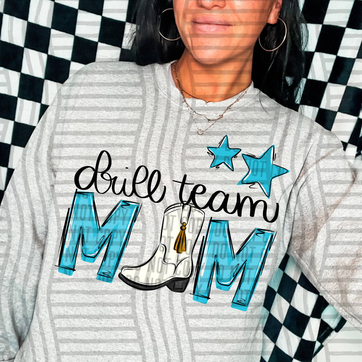 drill team mom gray bright blue stars (Caplinger) DTF transfer