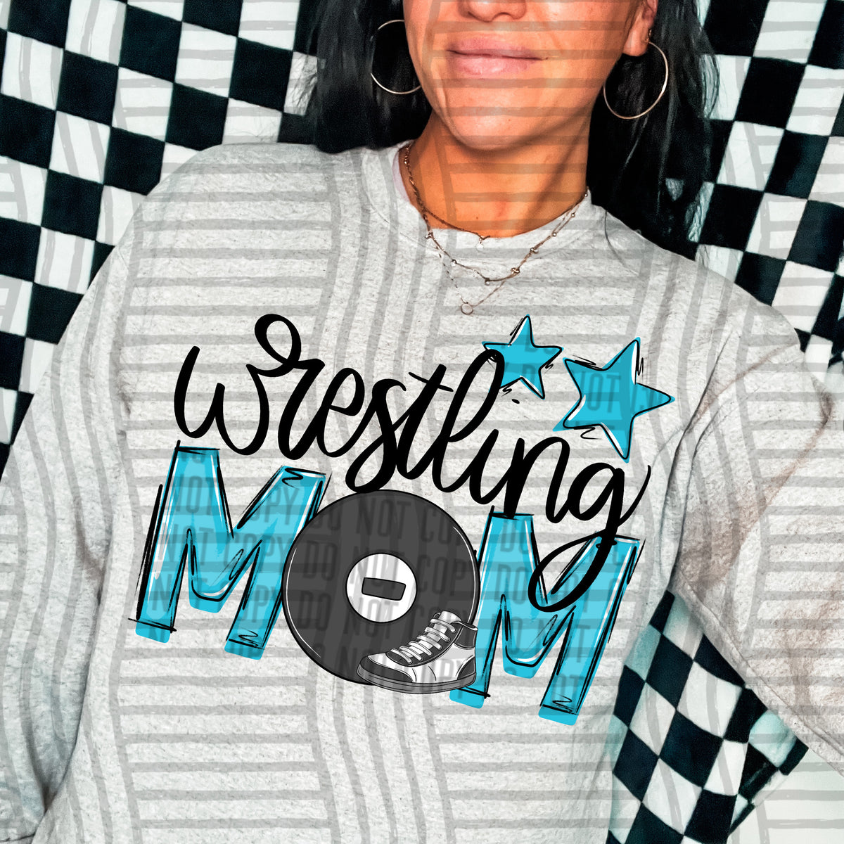 wrestling mom gray bright blue stars (Caplinger) DTF transfer