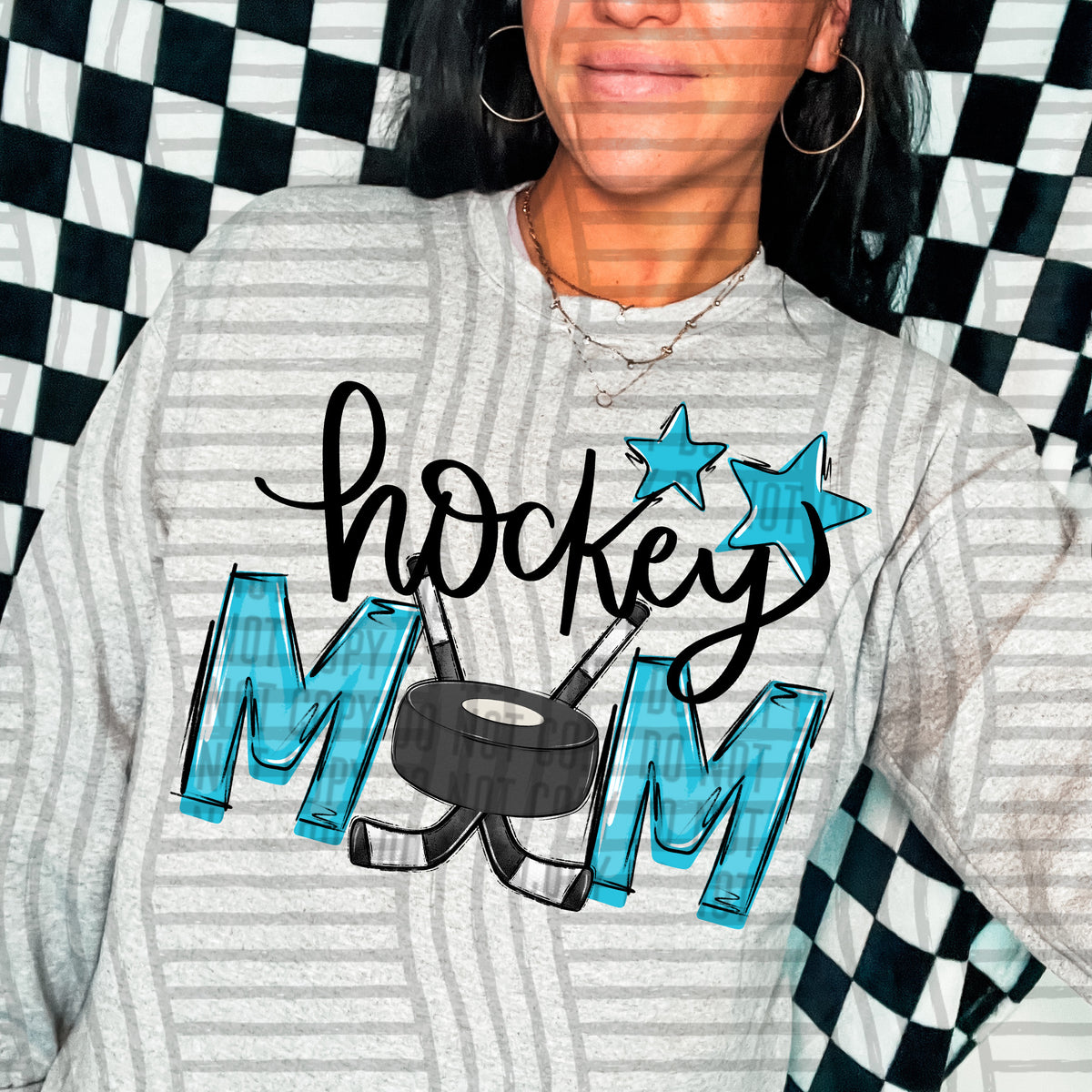 hockey mom gray bright blue stars (Caplinger) DTF transfer