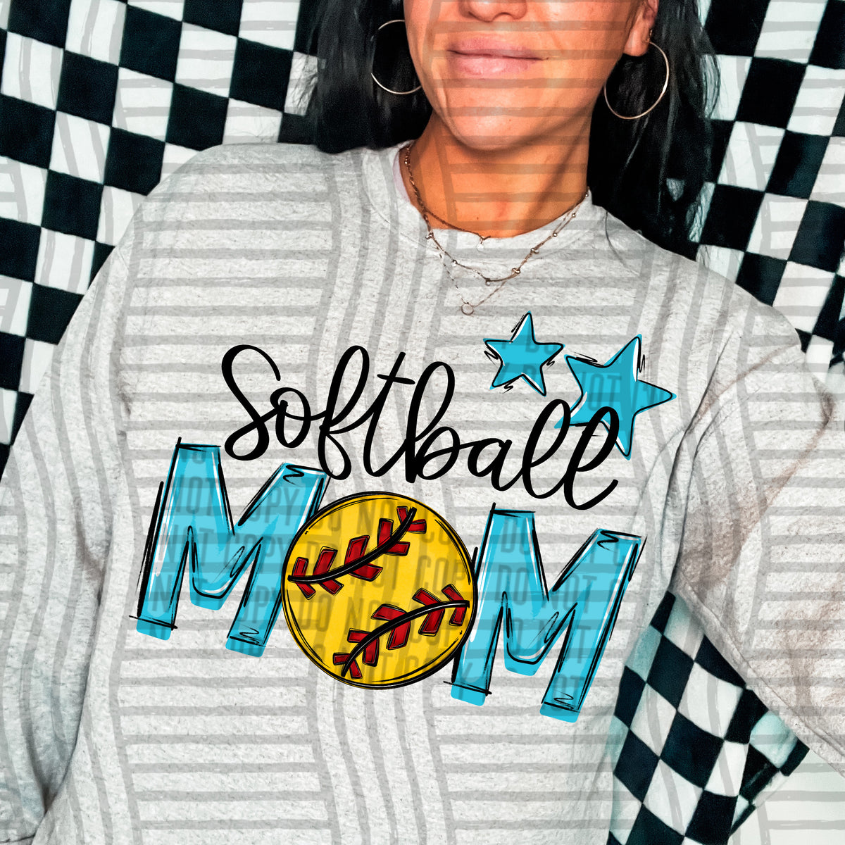 softball mom gray bright blue stars (Caplinger) DTF transfer