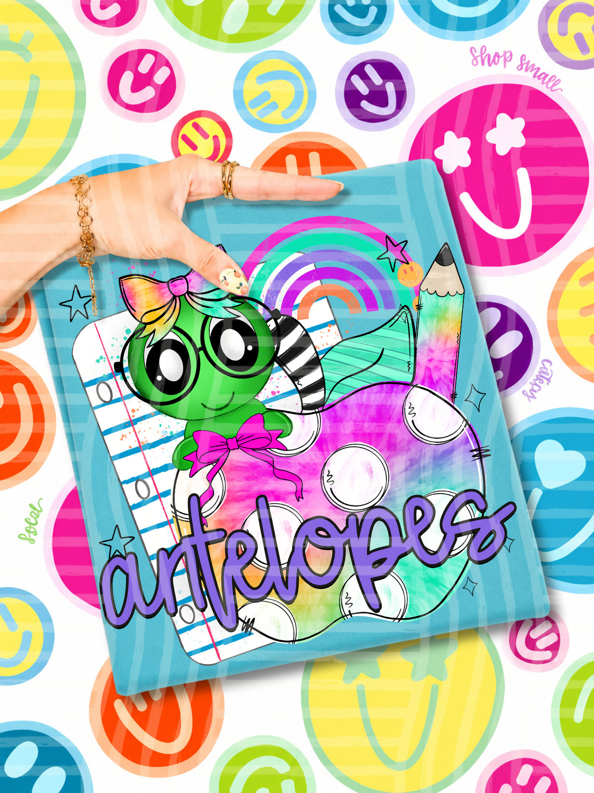 antelopes tie dye apple with white dots & green bug (CAPLINGER) DTF Transfer