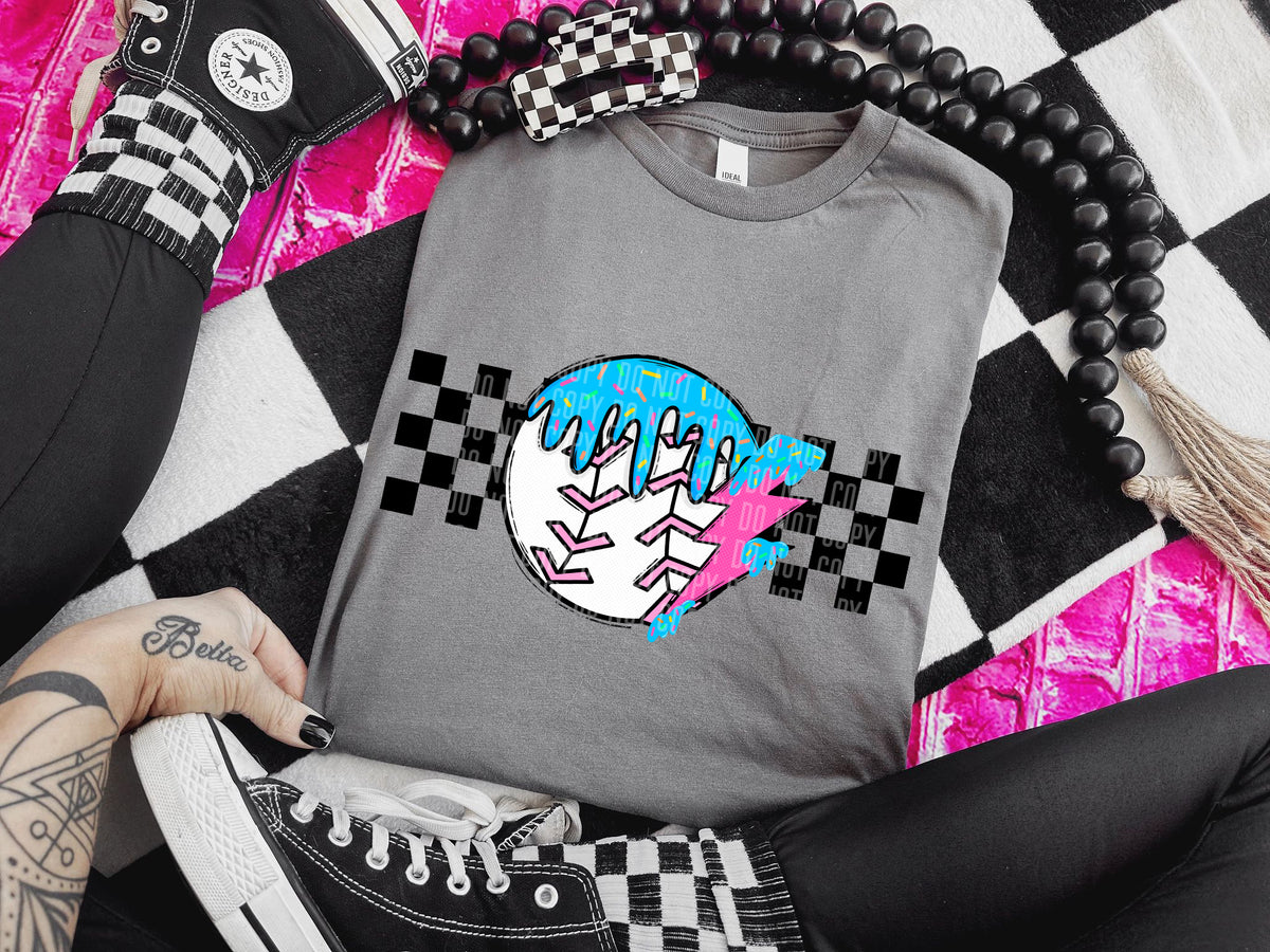 Baseball checkered drip pink lightning bolt (Caplinger) DTF transfer