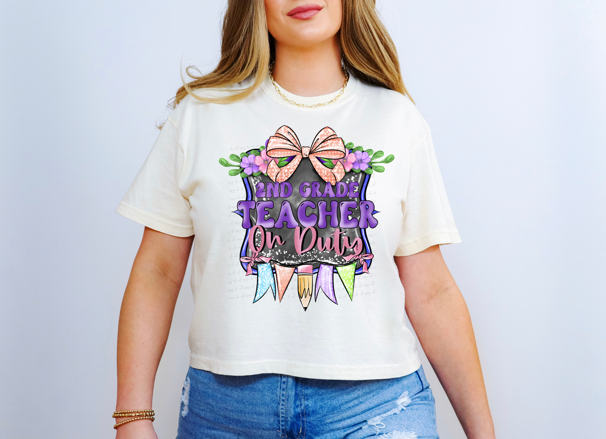 2nd Grade Teacher On Duty Purple Frame with Bow and Pencil 115640 DTF Transfer