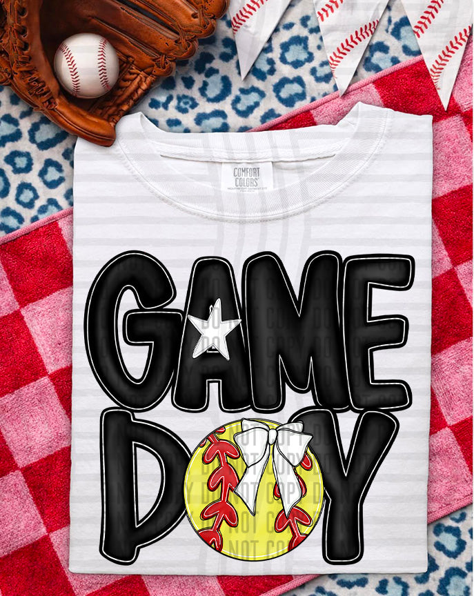 black game day baseball with white bow (Caplinger) DTF Transfer