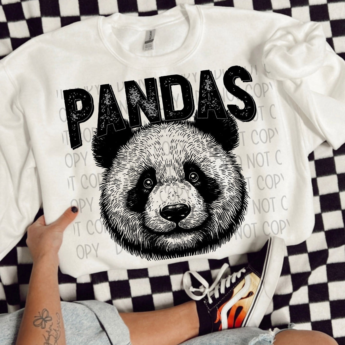 Pandas black/white outline DTF transfer
