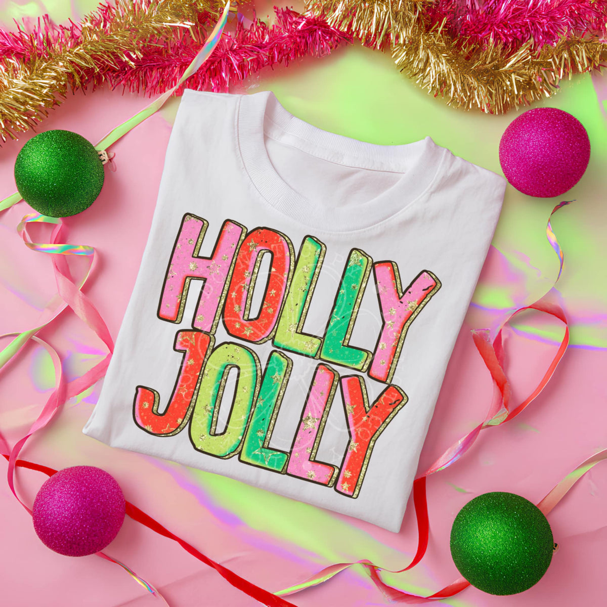 Holly Jolly pink red green letters DTF transfer