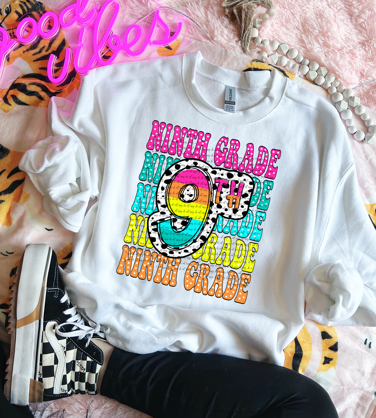 9th grade repeat print polka and rainbow 49750 DTF transfer