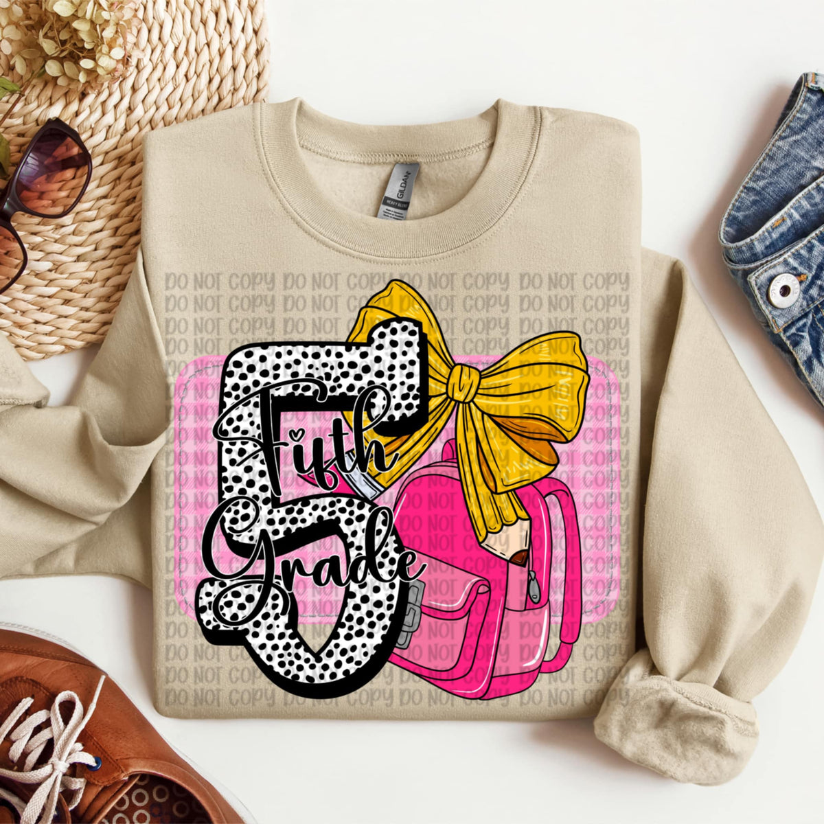 Fifth Grade Polka Dot with pencil bow and backpack DTF transfer