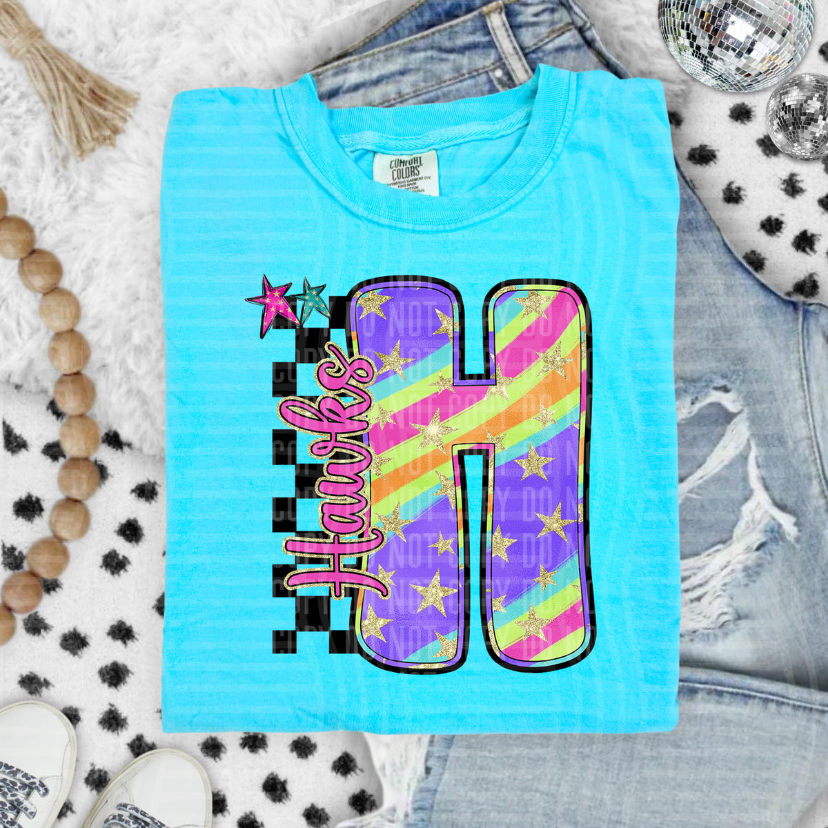 Hawks Colorful Retro Rainbow Letter H With Stars And Checker 108115 DTF transfer