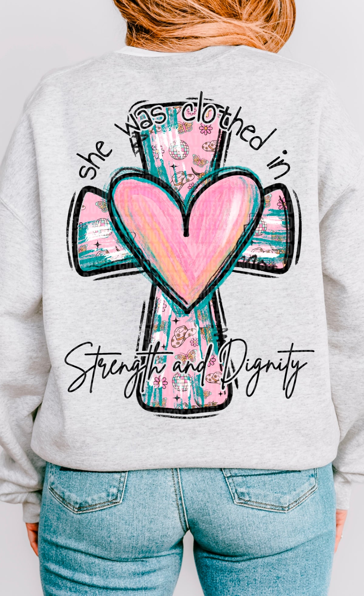 She was clothed in strength and dignity cross black font 93669 DTF transfer