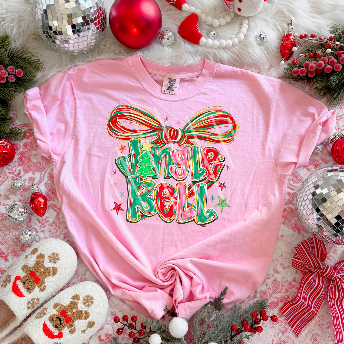 Jingle Bell pink green red bow 113691 DTF Transfer