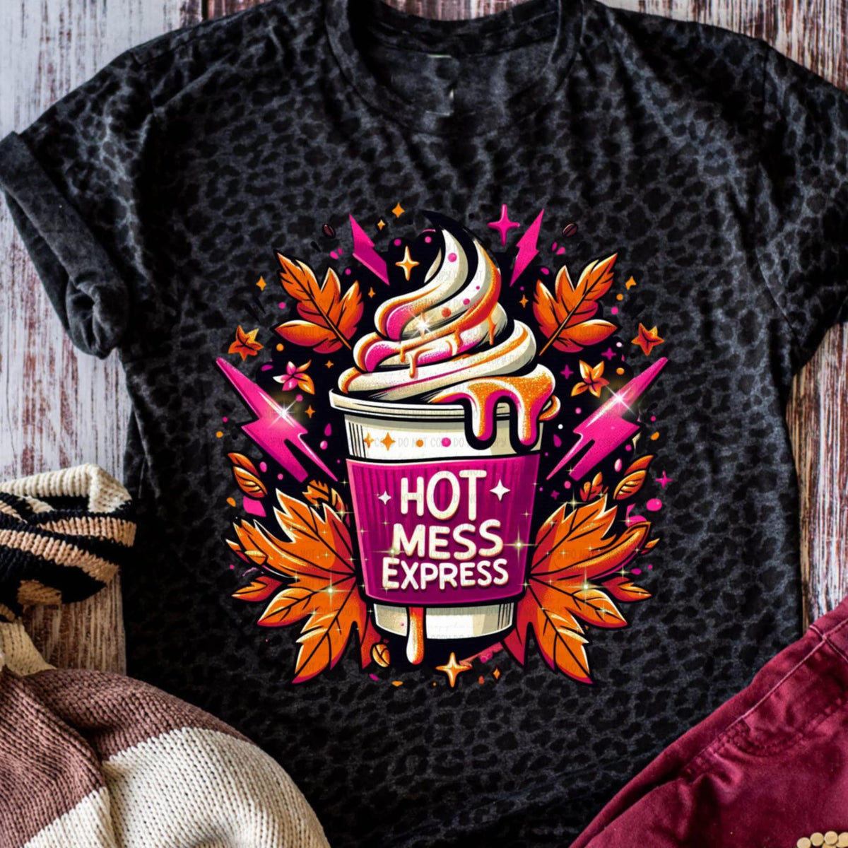 Hot Mess Express coffee with leaves pink and orange (revel) DTF transfer