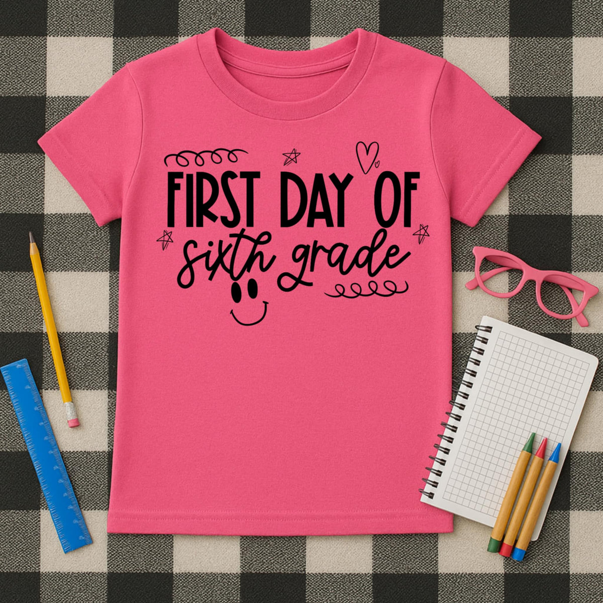 First Day Sixth Grade girly with smile BLACK DTF transfer