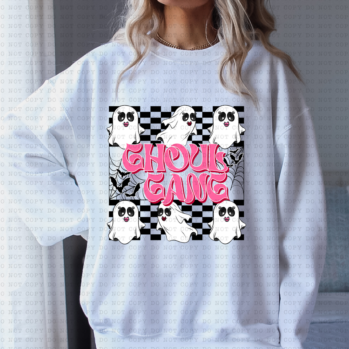 Ghoul Gang (checkered, ghosts, pink retro font) 3147 DTF Transfer