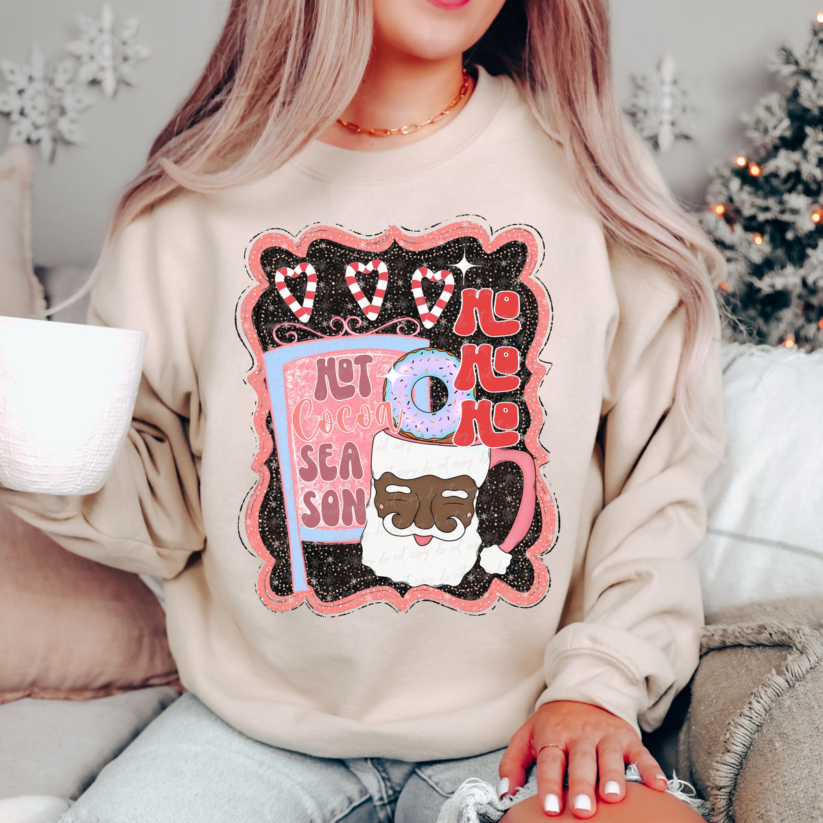 Ho Ho Ho Cocoa and Black Santa mug black background 30195 DTF transfer