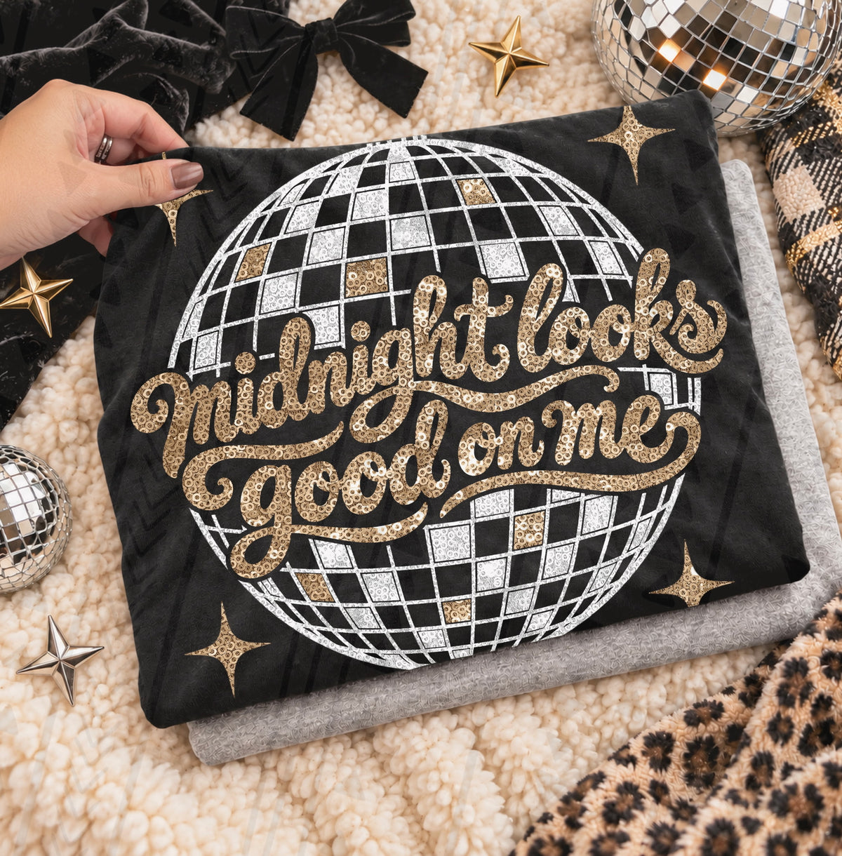 Midnight looks good on me gold lettering with disco ball  Sunday Special DTF transfer