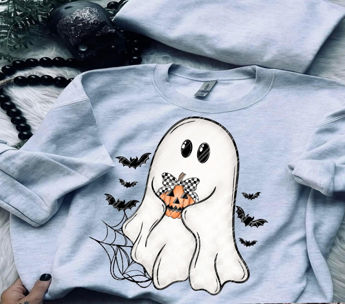 Ghost holding a pumpkin with bow (Linda) DTF Transfer