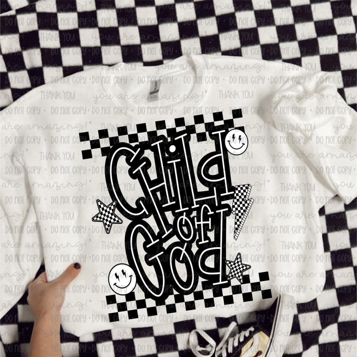 Child Of God Checker and happy faces 111562 DTF transfer