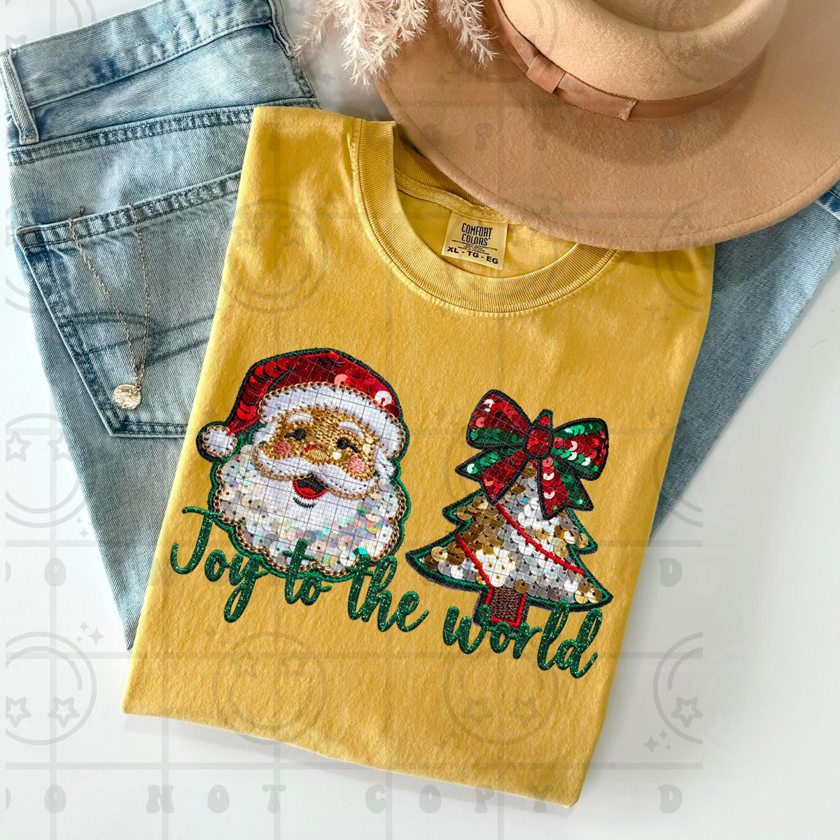 Joy to the world Santa and tree faux sequin (HW) DTF Transfer