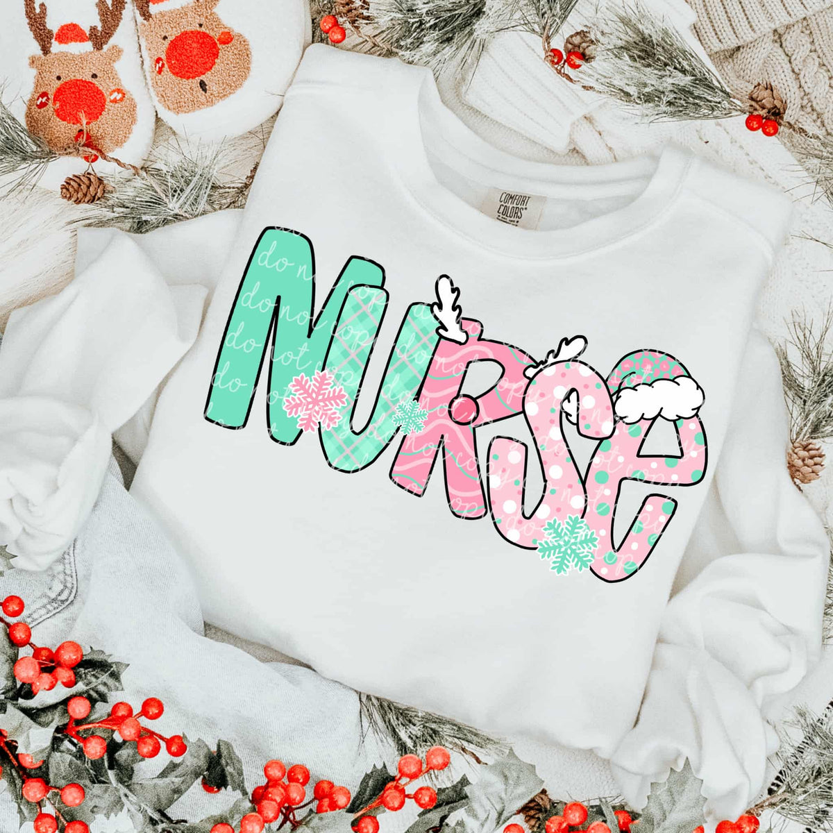 Nurse Mint and Pink Christmas ￼letters DTF transfer