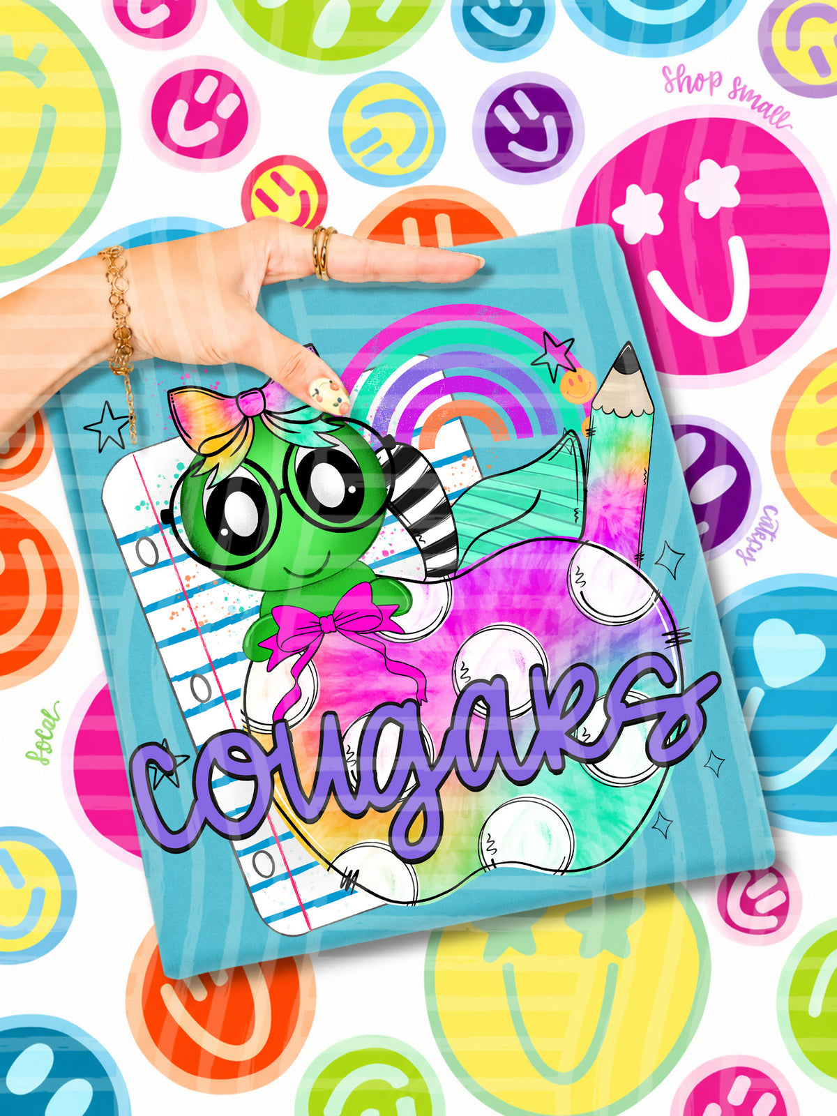 cougars tie dye apple with white dots & green bug (CAPLINGER) DTF Transfer