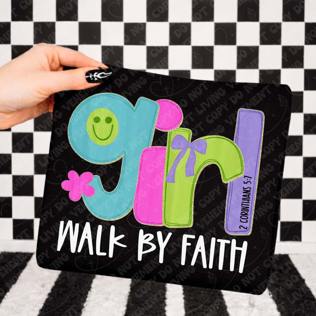 Walk by faith girl happy face WHITE (Vehement) DTF Transfer