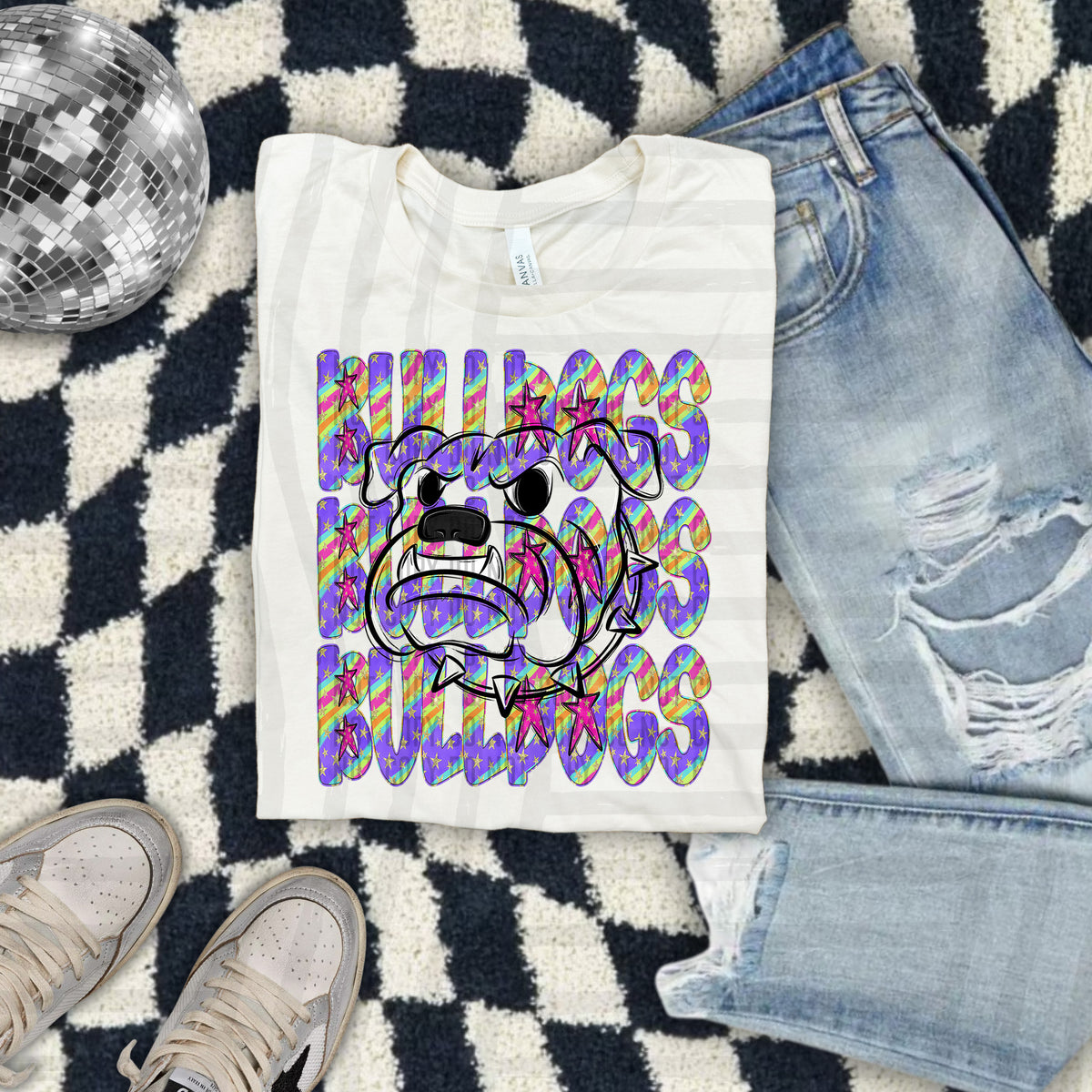 Bulldogs Side View Colorful Word Stacked With Stars 108573 DTF Transfer