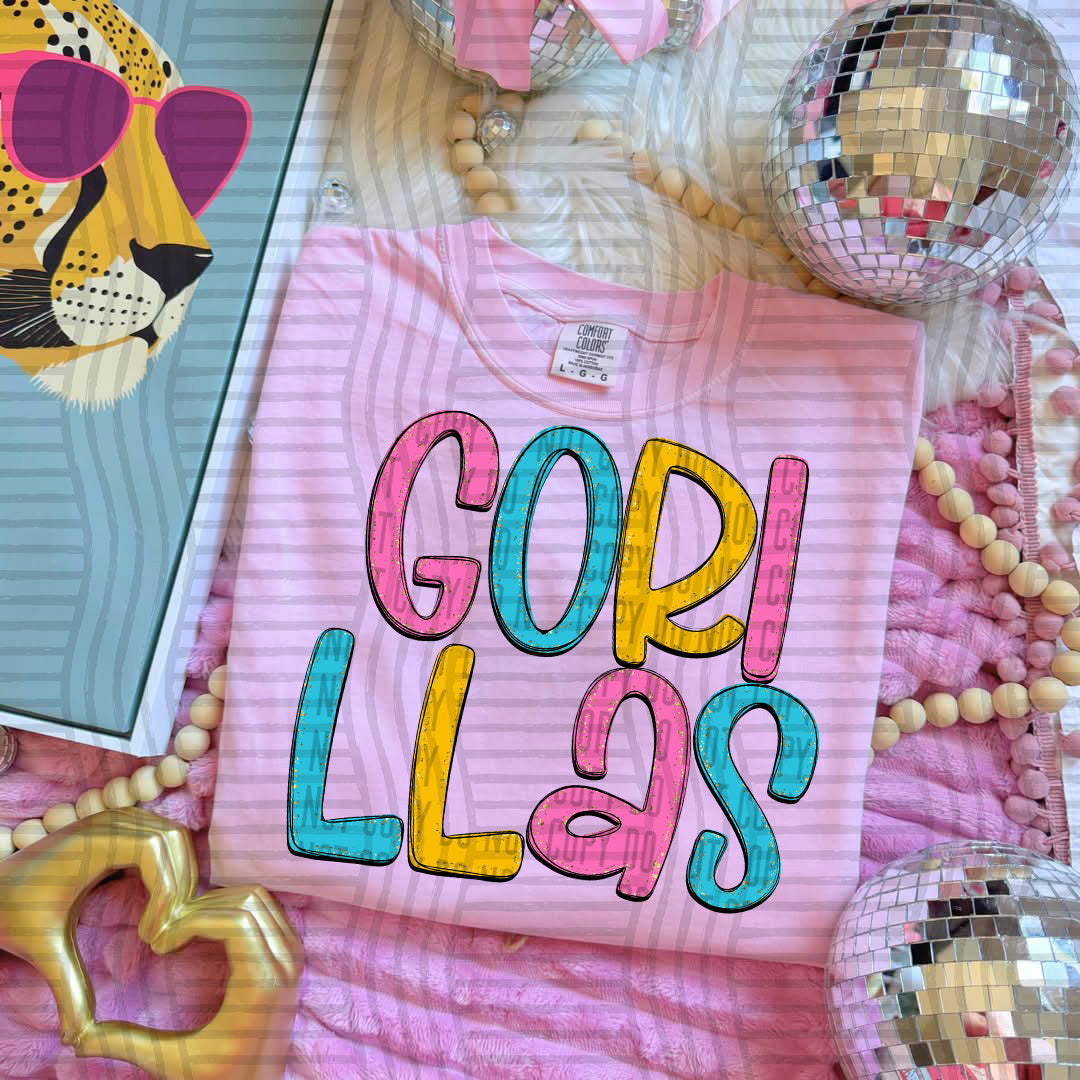 blue yellow and pink gorillas stacked (Caplinger) DTF Transfer