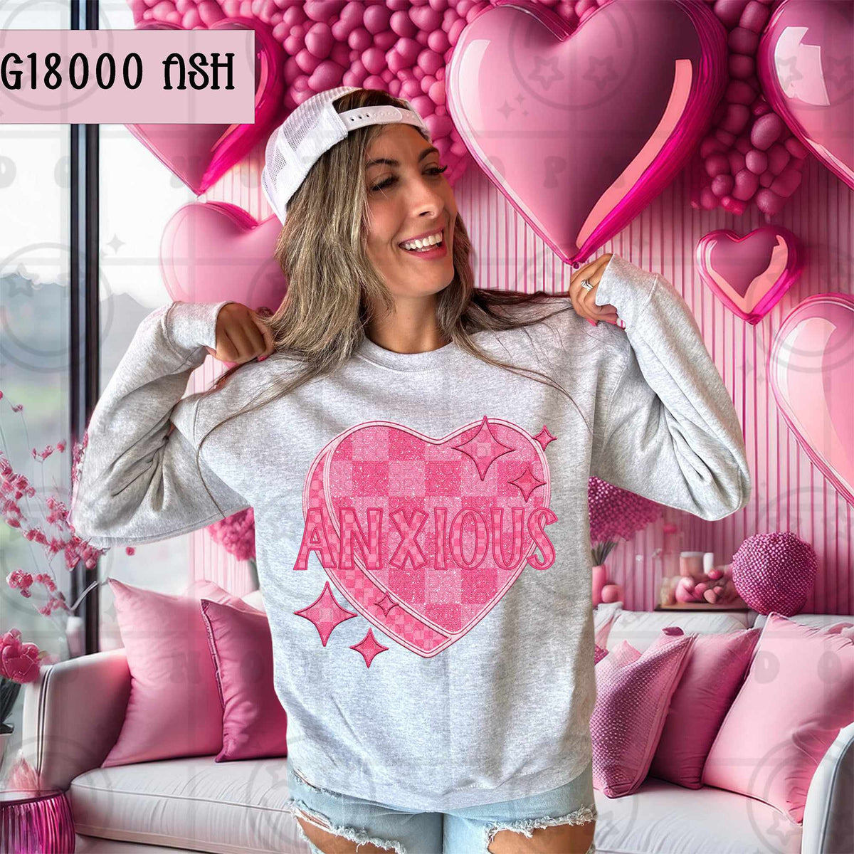 Anxious pink checkered heart (HW) 75447 DTF transfer