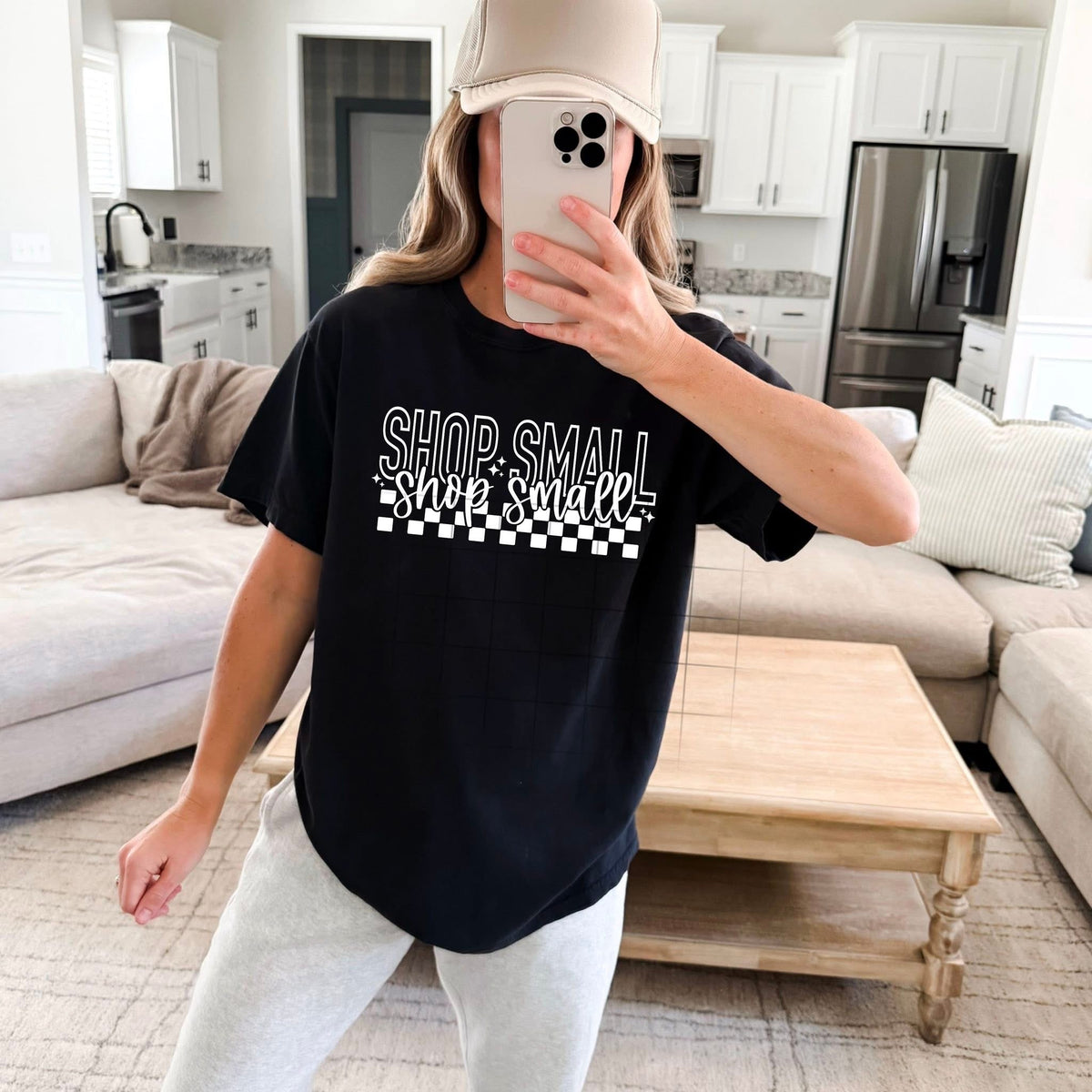 Shop Small with cursive and checker WHITE (CSC) DTF Transfer