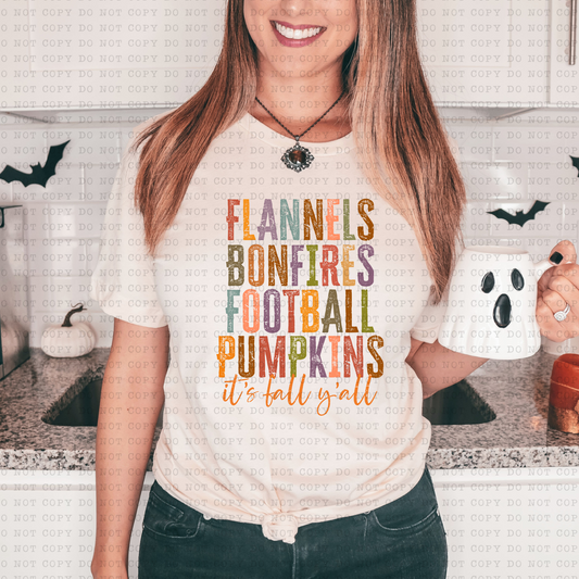 Flannel Bonfires Football Pumpkins It's Fall Ya'll (distressed, vintage) 3226 DTF TRANSFER