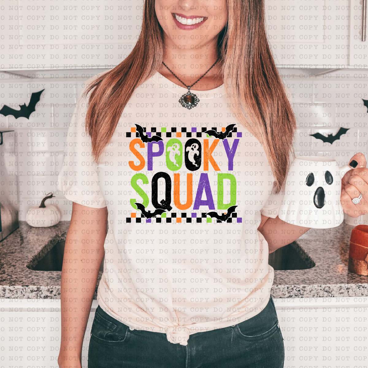 Spooky Squad (checkered, orange green purple, ghost, bats) 3233 DTF TRANSFER