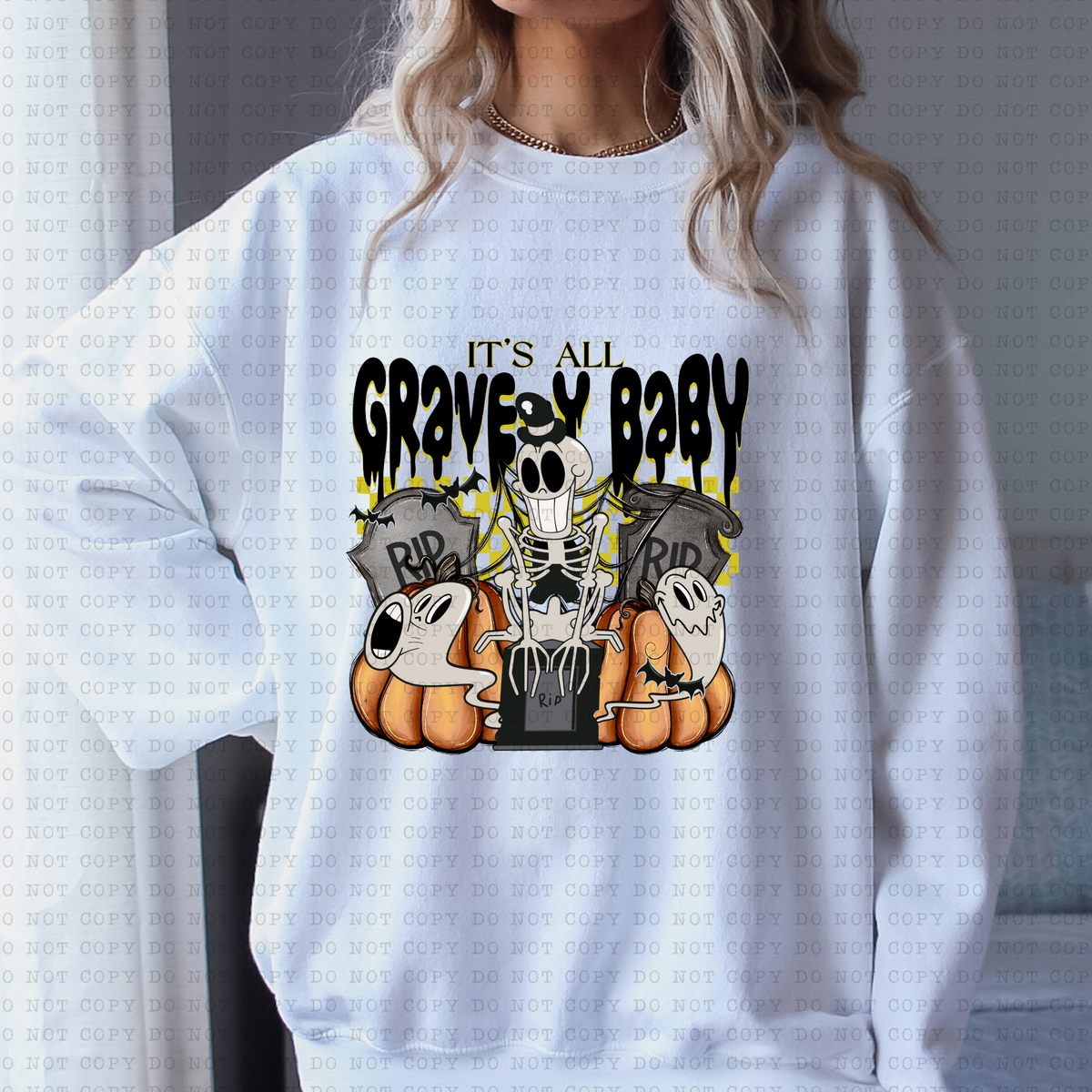 It's All Grave-y Baby (skeleton, tombstones, pumpkin, ghosts) 3238 DTF TRANSFER