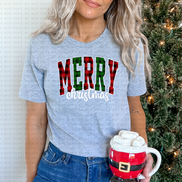 Merry Christmas (white, varsity letters, buffalo plaid) 3268 DTF Transfers