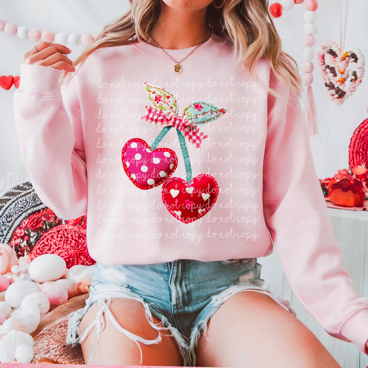 Heart Cherries with plaid bow 116772 DTF transfer