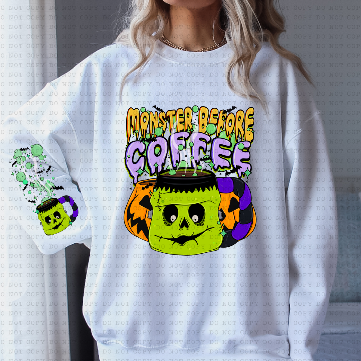 Monster Before Coffee sleeve ONLY (bats, skeleton) 3291 DTF TRANSFER