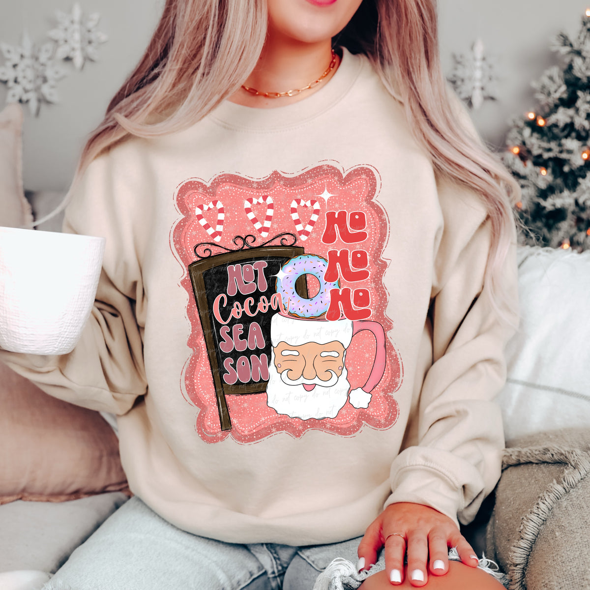 Ho Ho Ho Cocoa and Black Santa mug pink background 30193 DTF transfer
