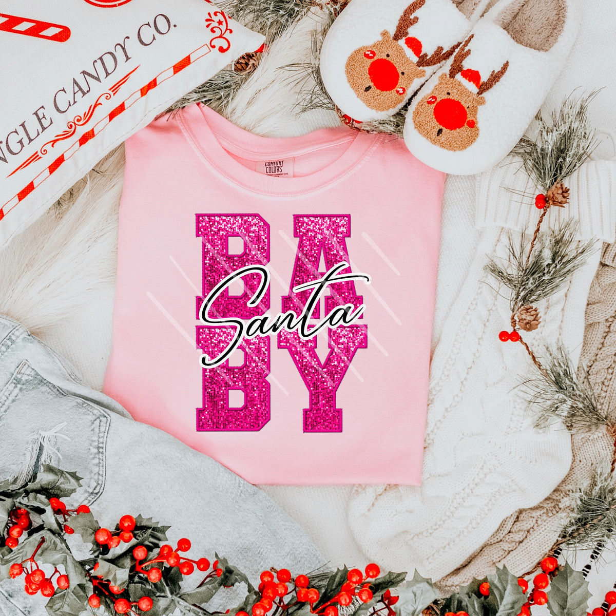 Santa Baby Pink Faux Glitter (Santa in black text) 111675 DTF transfer