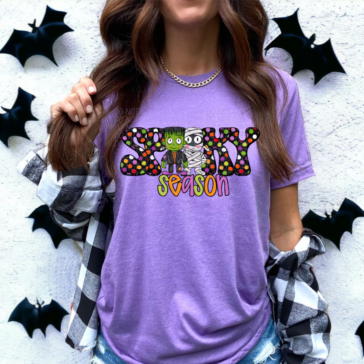 Spooky Season polka dot mummy and Frankenstein (city) DTF transfer