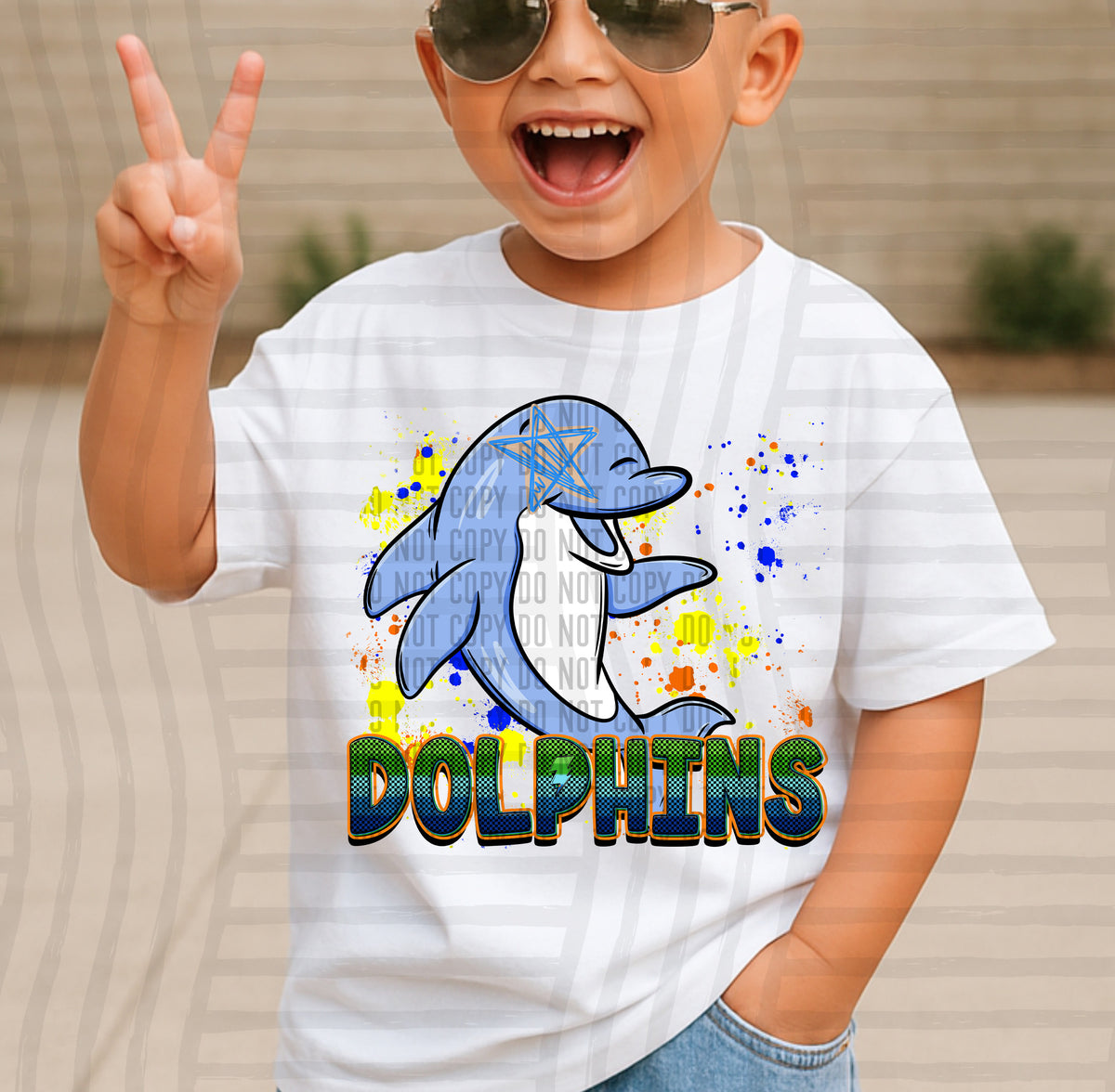 dolphins blue paint splatter boy blue green and yellow (Caplinger) DTF Transfer