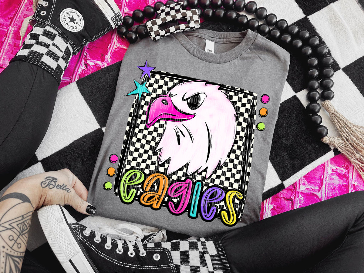 Checkered Preppy Bright Eagles White with Pink Beak (Caplinger) DTF transfer