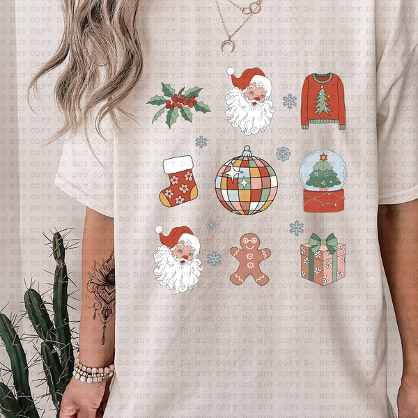 Retro Vintage Christmas Collage (Santa, Holly, sweater, disco, stocking, tree, gingerbread man, present) 3304 DTF TRANSFER