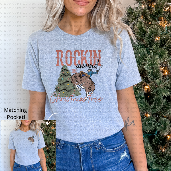 Rockin Around The Christmas Tree FULL DESIGN ONLY (western, grunge, distressed) 3306 DTF TRANSFER